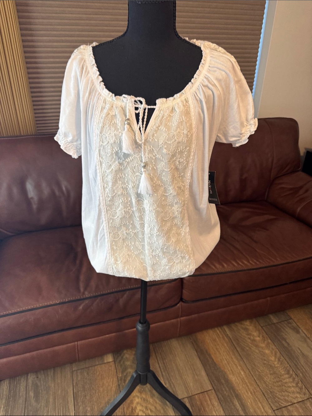 Style & Co. Cream Lace-Tie Peasant Blouse